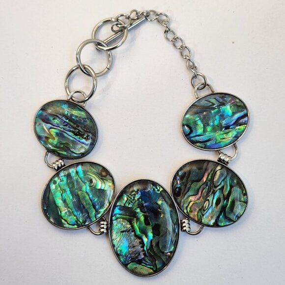 NIB Genuine Abalone Shell Inlay Toggle Bracelet & Earrings Stainless Set - Picture 1 of 16